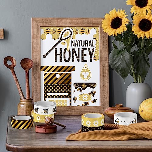 12 Rolls Bee Washi Tape Summer Honey Bee Honeycomb Foil Gold Black Washi Masking Tape Bumblebee Daisy Dots Adhesive Masking Tapes for Scrapbook Gift Wrapping DIY Art Crafts (118.1 Foot)