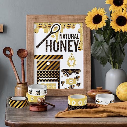 12 Rolls Bee Washi Tape Summer Honey Bee Honeycomb Foil Gold Black Washi Masking Tape Bumblebee Daisy Dots Adhesive Masking Tapes for Scrapbook Gift Wrapping DIY Art Crafts (118.1 Foot)