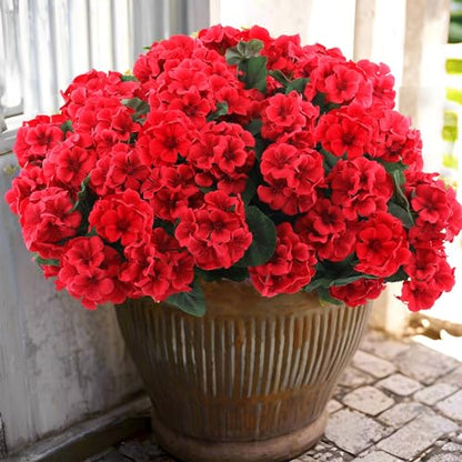 24 Pcs Artificial Geranium Flowers for Outdoors Geranium Silk Red Flowers Outdoor UV Resistant Garden Plants Faux Flower for Christmas Home Kitchen Table Centerpieces Decor