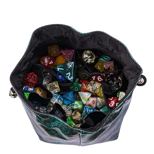 Large DND Dice Bag Leather Dice Storage Bag Dark Green D&D Drawstring Pouch with Pockets for RPG Table Games (4.5 Ounce)