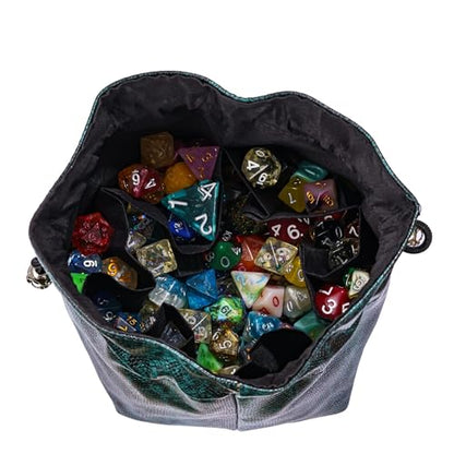 Large DND Dice Bag Leather Dice Storage Bag Dark Green D&D Drawstring Pouch with Pockets for RPG Table Games (4.5 Ounce)