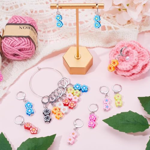 1 Box 20Pcs Knitting Stitch Markers Polymer Clay Flower Beads Cute Charms Removable Locking Crochet Marker Clip on Crocheting Charms for Sewing Weaving Knitting Yarns DIY Craft Supplies (20 Count)