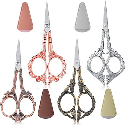 4 Pcs Sewing Embroidery Scissors with Artificial Leather Cover Sewing Stainless Vintage Embroidery Scissors for DIY Needlework Art Manual Handicraft