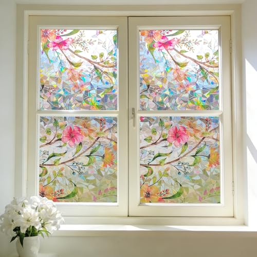 Stained Glass Window Film Rainbow Floral Static Cling Window Film Flower Window Privacy Film No Glue Decorative Window Cling UV Blocking Heat Control Glass Windows Stickers 47.25'' x 118''