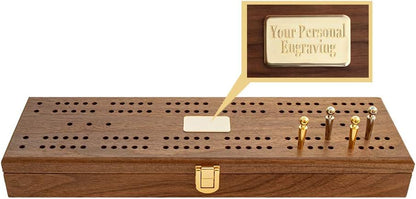 Alex Cramer Le Club Luxury Domino Set with Handcrafted Walnut Case and Cribbage/Counter Top - Tournament Quality 28 Indestructible (Domino Set with Personalized Brass Plate)