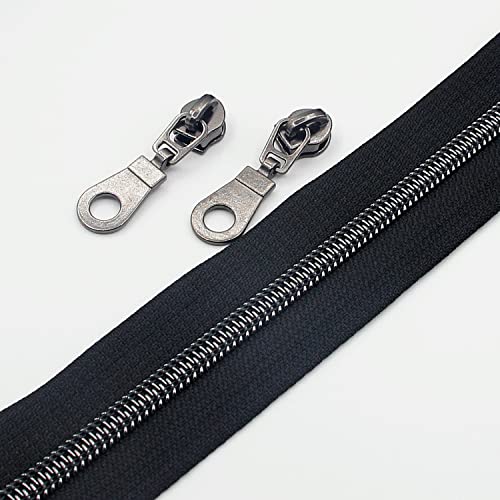 5 Black Nickel Metallic Nylon Coil Teeth Zippers by The Yard Bulk 10 Yards Zipper Tape with 25pcs Black Nickel Sliders for DIY Sewing Tailor Craft Bag