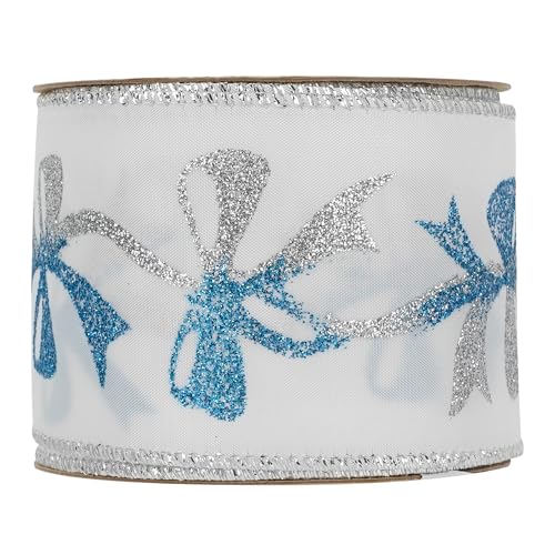 Blue and Silver Christmas Ribbon 2.5 Inch White Satin Ribbons with Turqupise and Silver Glittery Bows Pattern 10 Yards Christmas Wired Ribbon for Tree (30 Foot)