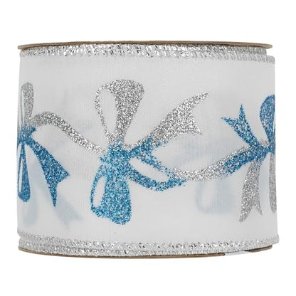 Blue and Silver Christmas Ribbon 2.5 Inch White Satin Ribbons with Turqupise and Silver Glittery Bows Pattern 10 Yards Christmas Wired Ribbon for Tree (30 Foot)