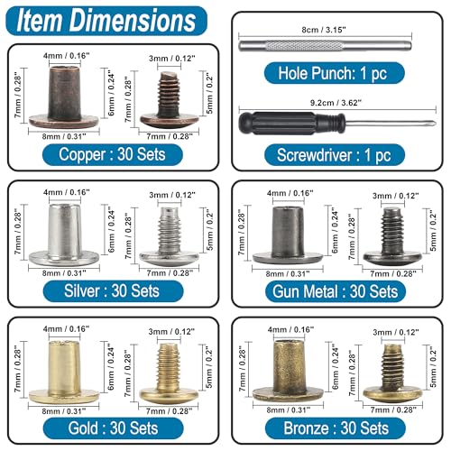 150 Sets 8MM Chicago Screws Leather Rivets for Fabric Chicago Binding Screws Buttons Metal Studs Rivets for Decorate and Repair Belts Bags Shoes Purse Dog Collar Leather Craft