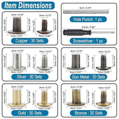 150 Sets 8MM Chicago Screws Leather Rivets for Fabric Chicago Binding Screws Buttons Metal Studs Rivets for Decorate and Repair Belts Bags Shoes Purse Dog Collar Leather Craft