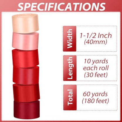 1-1/2 Inch Single-Faced Red Satin Ribbons for Crafts Gift Wrapping Wedding | 6 Rolls Assorted Ribbons for Flower Bouquet Invitations Bridal Shower Hair Bows Garland Party Decor