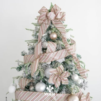 Pink Diagonal Striped Ribbon 2.5 Inch Blue Satin with Rose Gold and Champagne Glitter Wired Ribbon for Christmas Tree (30 Foot)