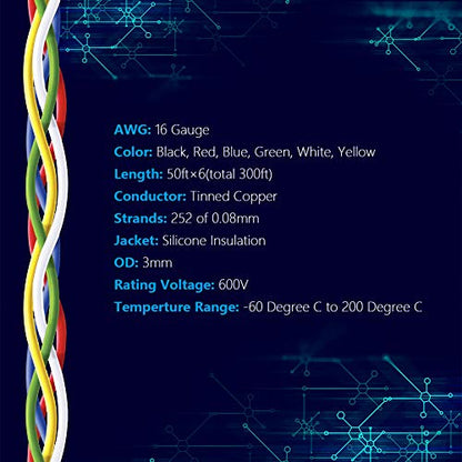 16 AWG Stranded Wire Spool 50ft Each 6 Colors (300 Foot)