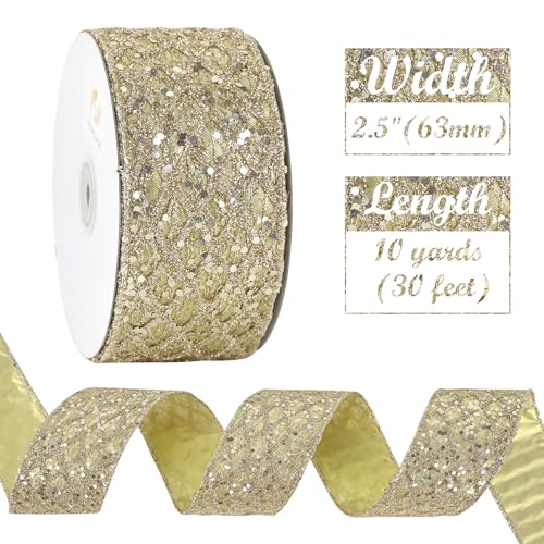 Glitter Champagne Wired Christmas Ribbon 2.5 inch x 10 Yards (30 Foot)