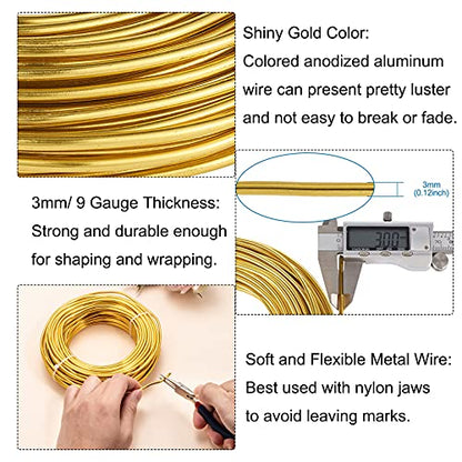 82 Feet 9 Gauge Round Aluminum Wire 3mm Golden Bendable Metal Craft Wire for Beading Jewelry Craft Making 25m Long