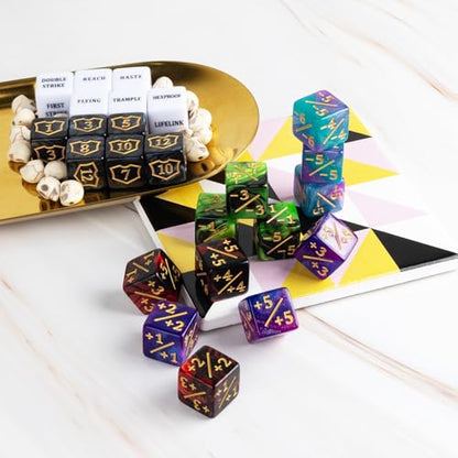 63 Pieces MTG Dice Counters Bulk Ability Keywords MTG Tokens Shield Life Counter 6 Sided Dice Set for Magic The Gathering (63 Count)