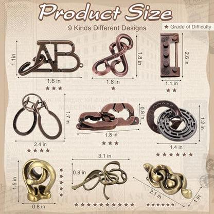 9 Pcs Metal Brain Teasers 3D Steel Puzzle Set (9 Count)