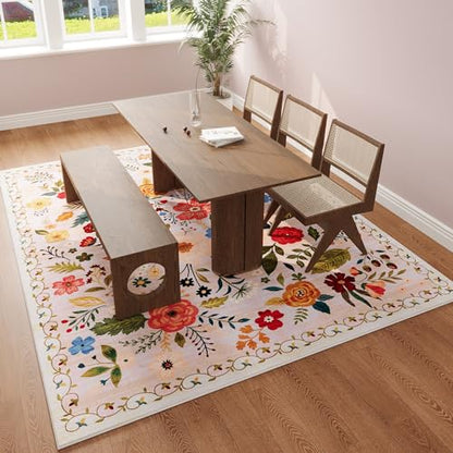 Living Room Rug 6x9 Rug Machine Washable Boho Area Rug Non Slip Floral Vintage Low Pile Large Rug for Living Room