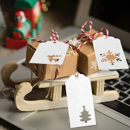 150 Pieces Christmas Paper Gift Tags White Kraft Tags Hang Labels Christmas Tree Snowflake Reindeer Design with 30 Meters Jute Twine for Christmas DIY Wrapping Favor Holiday Present
