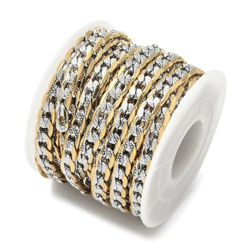16.4 Feet(5m) Double Color 304 Stainless Steel Cuban Curb Chain Roll Golden Plated Cuban Chain Roll for Bracelet Necklace Jewelry Making DIY - 9x6mm