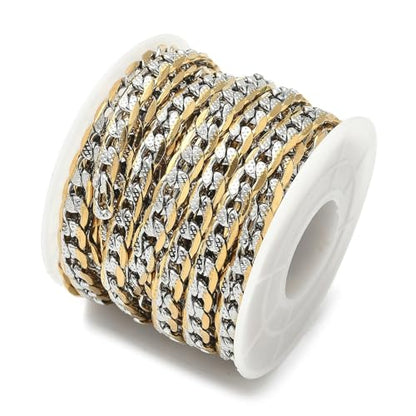 16.4 Feet(5m) Double Color 304 Stainless Steel Cuban Curb Chain Roll Golden Plated Cuban Chain Roll for Bracelet Necklace Jewelry Making DIY - 9x6mm