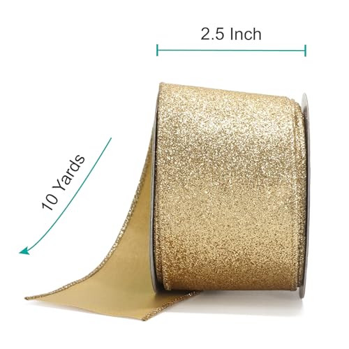 Glitter Wired Ribbon 2.5" x 10 Yards Light Gold for Christmas Home Decor Bow Gift Wrapping DIY Crafts Wreath (30 Foot)