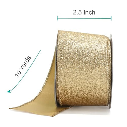 Glitter Wired Ribbon 2.5" x 10 Yards Light Gold for Christmas Home Decor Bow Gift Wrapping DIY Crafts Wreath (30 Foot)