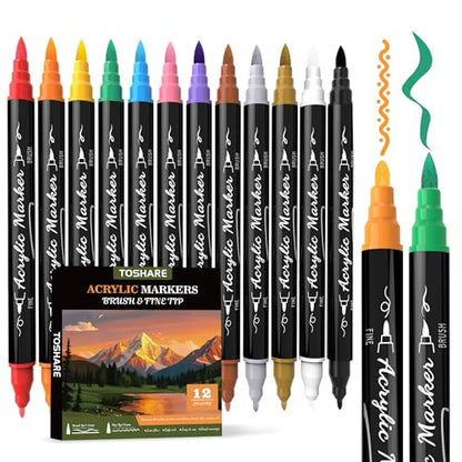 12 Colors Precision Dual Tip Acrylic Paint Markers Pens (12 Count)
