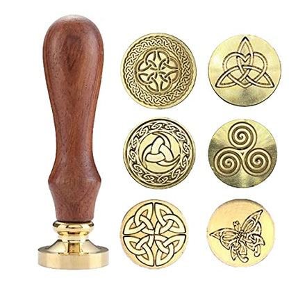 Celtic Knot Seal Wax Stamp with 6 Patterns Removable Brass Head + 1 Wood Handle