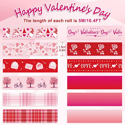12 Rolls Valentine Washi Tape Red Pink Heart Gnome Love Masking Tape for Wedding Scrapbook DIY Craft Gift Wrapping (196.8 Foot)