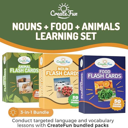 150 Noun Food & Animal Flash Cards Set for Speech Therapy (150 Count)