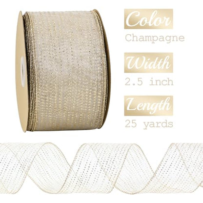 Champagne Gold Wired Ribbon 2.5 Inch Horizontal Stripes Glitter Polka Dot Christmas Ribbon Organza Sheer Ribbons 25 Yards Champagne Gold Glitter Ribbons for Christmas Tree (75 Foot)
