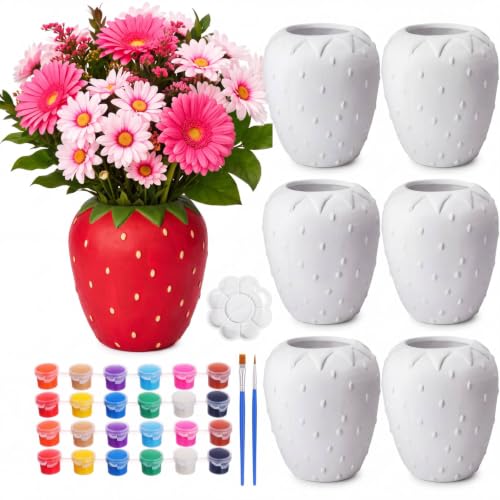 6 Pcs Ceramic Strawberry Vase to Paint 5.4" Unpainted DIY Painting Kit (6 Count)
