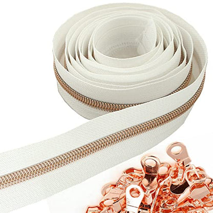 5 Rose Gold Metallic Nylon Coil Zippers by The Yard Bulk 10 Yards White Tape with 25pcs Rose Gold Sliders for DIY Sewing Tailor Craft Bag