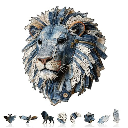 Denim Fabric Lion Puzzles Adults Gifts for Women Men Wooden 255 Pieces 13.4 * 11.6in