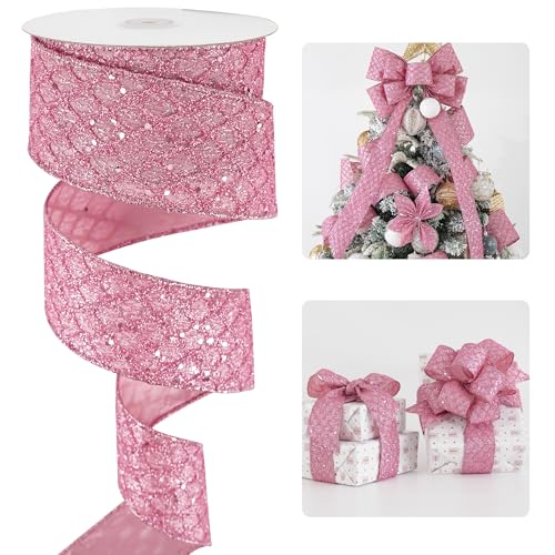 Pink Glitter Diamond Wired Christmas Ribbon 2.5 inch x 10 Yards (30 Foot)