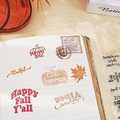 4 Sheet Fall Thanksgiving Words Clear Stamps Greeting Words Pumpkin Maple Leaves Silicone Transparent Stamps Happy Fall Stamp Cards for DIY Craft Card Making Scrapbooking Embossing Album Decor (4 Count)