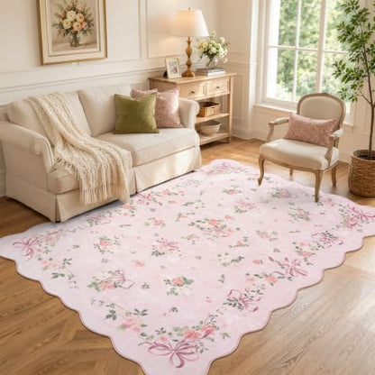 Pink Bow Floral Rug for Bedroom