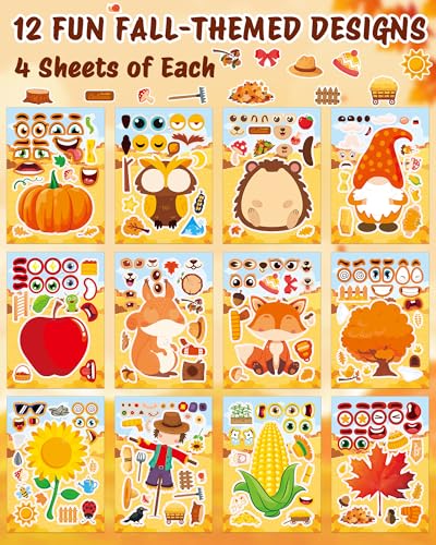 48 Sheets Fall Make a Face Stickers (48 Count)