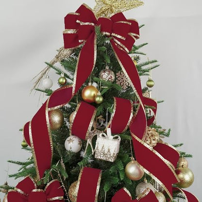 Burgundy Velvet Ribbon 2.5 Inch Dark Red Christmas Ribbon 10 Yards Maroon Velvet Wired Ribbons with Gold Greek Key Edge Burgundy Ribbons for Christmas Tree Decoration (30 Foot)