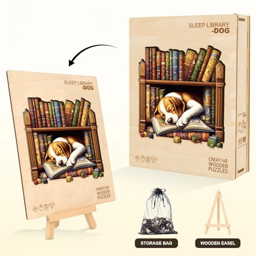 Puppy Dog Puzzles Bookshelf Books Library Shape Puzzle Adults Gifts for Women Men Wooden 300 Pieces 13.4 * 13.4in Wall Decor