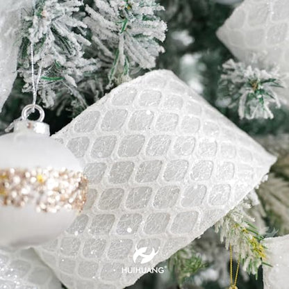 Glitter White Christmas Wired Ribbon 4 inch x 10 Yards (30 Foot)