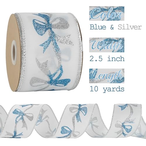 Blue and Silver Christmas Ribbon 2.5 Inch White Satin Ribbons with Turqupise and Silver Glittery Bows Pattern 10 Yards Christmas Wired Ribbon for Tree (30 Foot)