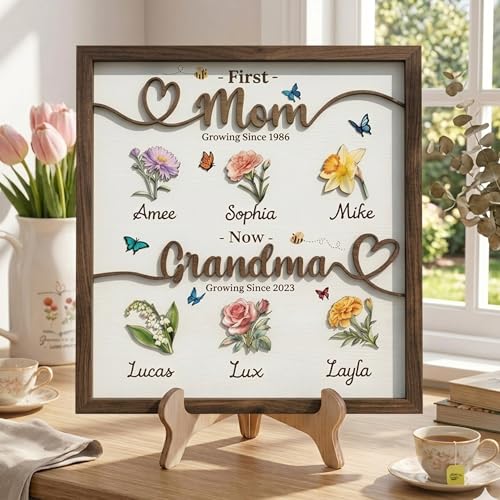Personalized Grandma Gift First Mom Now Grandma with Birth Month Flowers Decorative Wooden Sign
