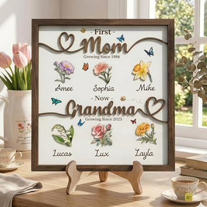 Personalized Grandma Gift First Mom Now Grandma with Birth Month Flowers Decorative Wooden Sign