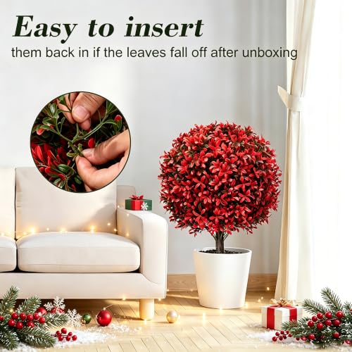 2Pack UV Resistant Red Artificial Boxwood Topiary Fake Plant (2 Count)