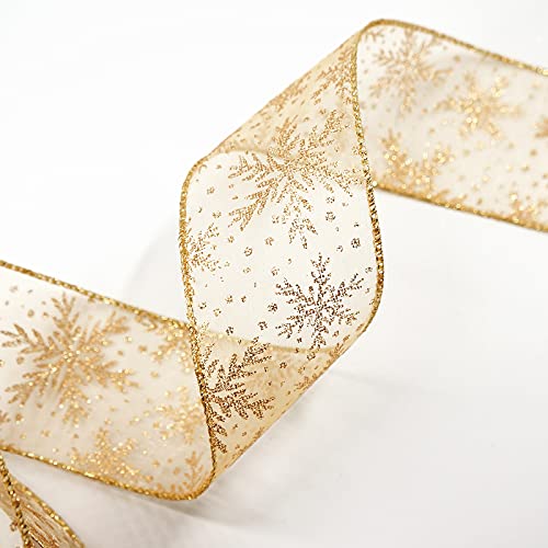 Organza with Gold Glitter Snowflakes Wired Ribbon 2.5 inch x 50 Yards for Christmas Home Decor Tree Topper Bow Gift Wrapping DIY Crafts Wreath Garland Wedding (150 Foot)