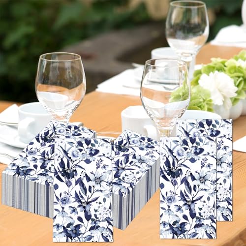 60 Pack 3 Styles Blue Floral Napkins for Decoupage Toile Napkins Flower Cocktail Decorative Paper for Birthday Party Beautiful Gorgeous