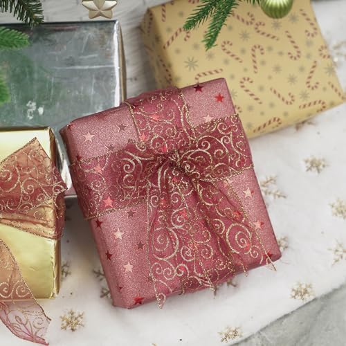 Red Gold Swirl Wired Ribbon 2.5 Inch Dark Red Sheer Ribbon with Gold Swirl Glitter Wired Organza Ribbons 25 Yards Burgundy Sheer Christmas Ribbons for Christmas Tree (75 Foot)