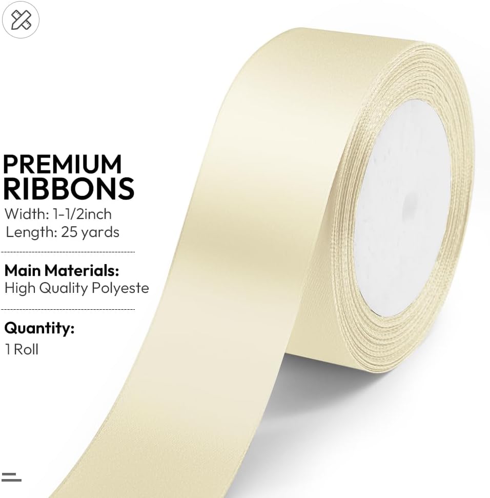 KMER LIFE Solid Color Ivory Satin Ribbon 1-1/2 Inches x 25 Yards, Beige Ribbons Perfect for Crafts, Wedding Decor, Bow Making, Sewing, Gift Package Wrapping and More - Crafty Corner